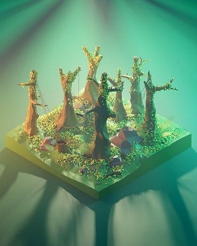 Rain forest Low-poly 3D model Render in blender