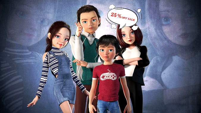 Cartoon family of four with binding