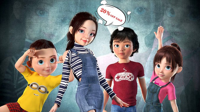 Cartoon cartoon family four siblings with binding