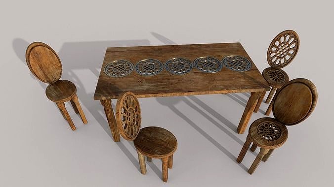 Table and 4 chairs with an openwork pattern low-poly 3D model