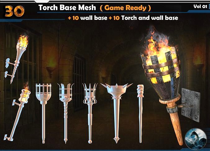 30 Torch Base Mesh Game Ready 10 wall base