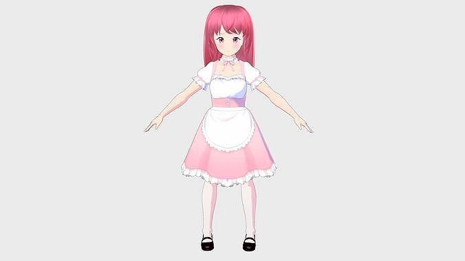 PINK MAID CHARACTER 3D MODEL ANIME FIGURE RIGGED SHAPE KEYS