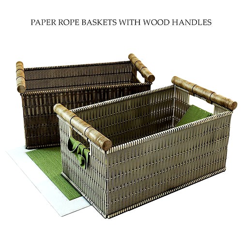 PAPER ROPE BASKETS WITH WOOD HANDLES