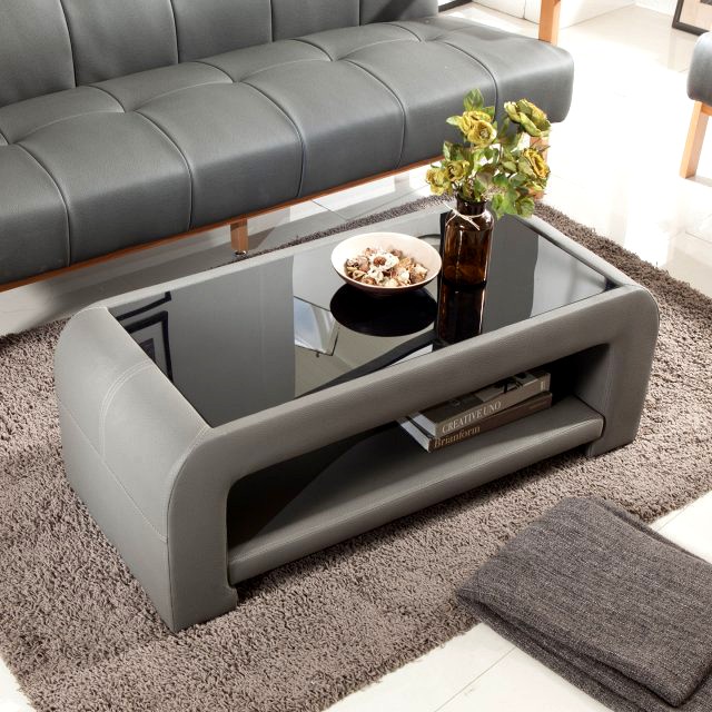 PU Leather Tempered Glass Sofa Table