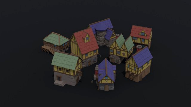 Low-poly cartoon medieval fantasy city buildings kit