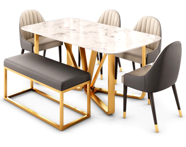 Modern Rectangle Faux Marble Dining Table Gold Set