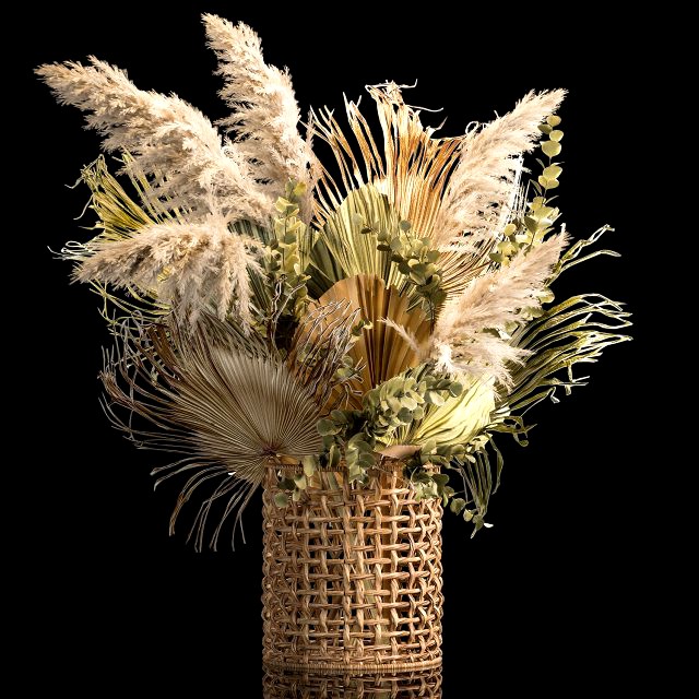 Bouquets of dried flowers with palm leaves in a basket