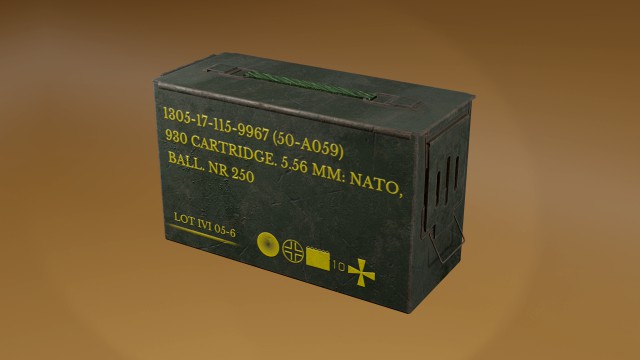 The box is a 556 caliber cartridge of the NATO sample