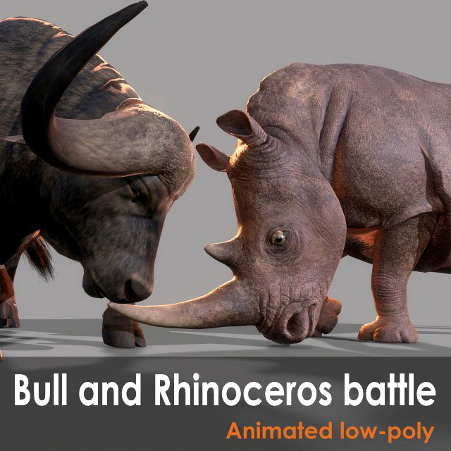 bull and rhinoceros battle low-poly