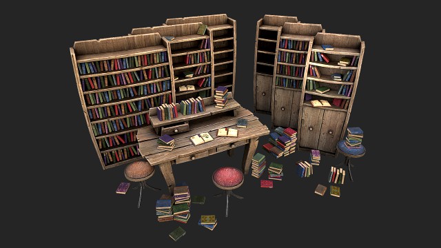 medieval library furniture set model