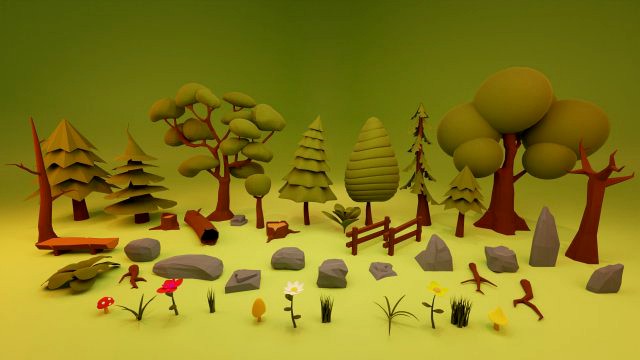low poly environment forest trees stones