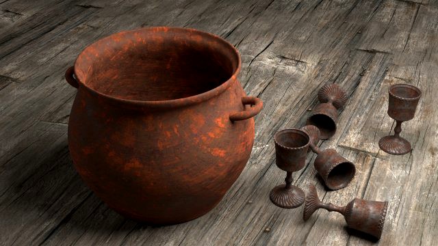 cast iron boiler and metal goblets