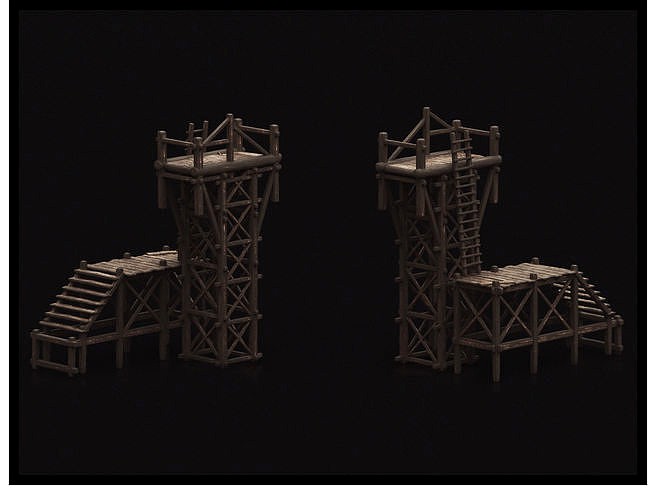 Medieval Wooden Tower With Dock 3D Model