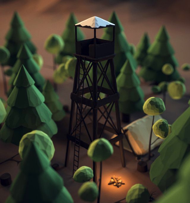 low poly forest campfire