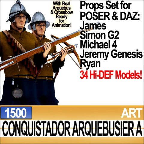 conquistador arquebusier props poser daz a 1500