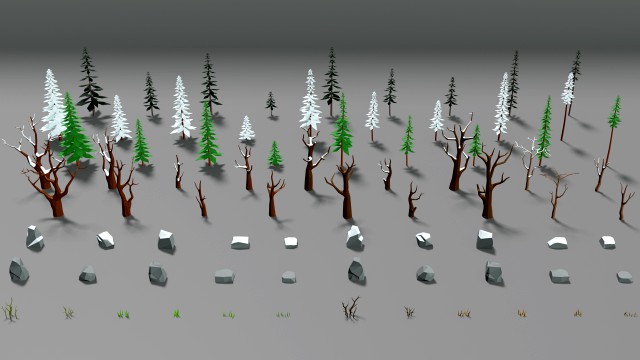 winter forest pack trees rock grass lowpoly low-poly