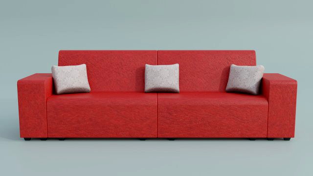 Red family couch with three pillows
