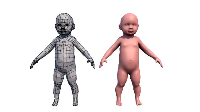model child with a low and high polygonal grid