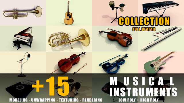 15 musical instruments collection full detail low poly and high poly