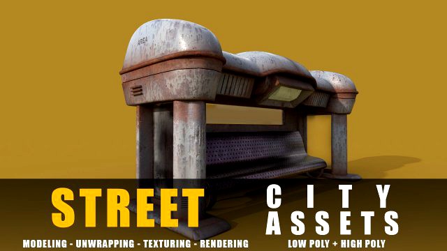 bus stop old game ready street assets low poly and high poly