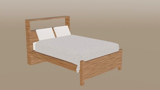 Minimal Wood Bed with Mattress Sheet and Pillow
