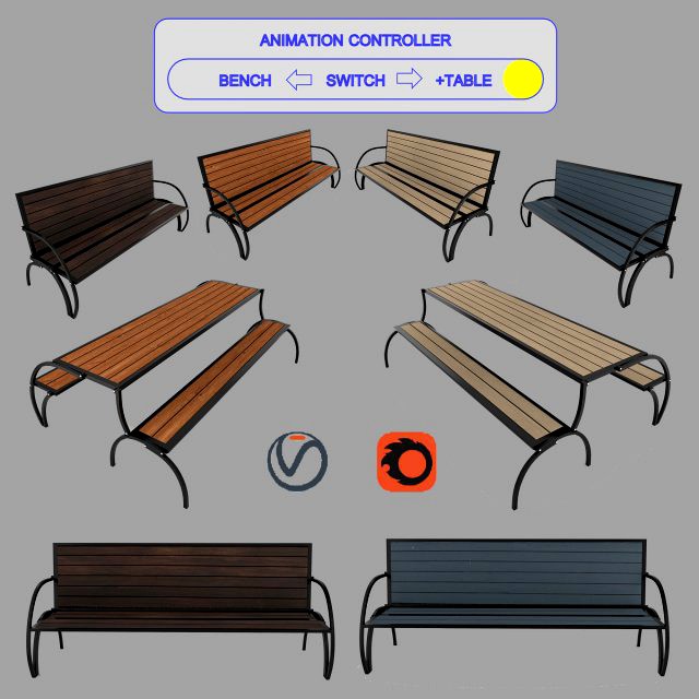 convertible bench and table with rigging and animation