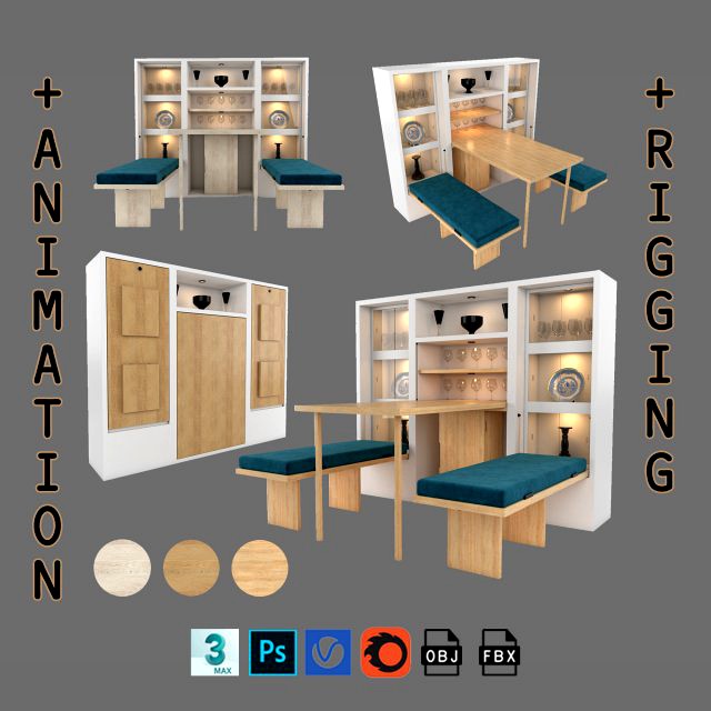 hinged furniture shelf transformation rigging and animation 3 wood versions