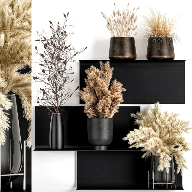 bouquets of dried flowers and reeds in a vase on a decorative shelf