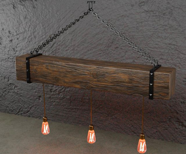 wooden chandelier with forging elements and incandescent lamps