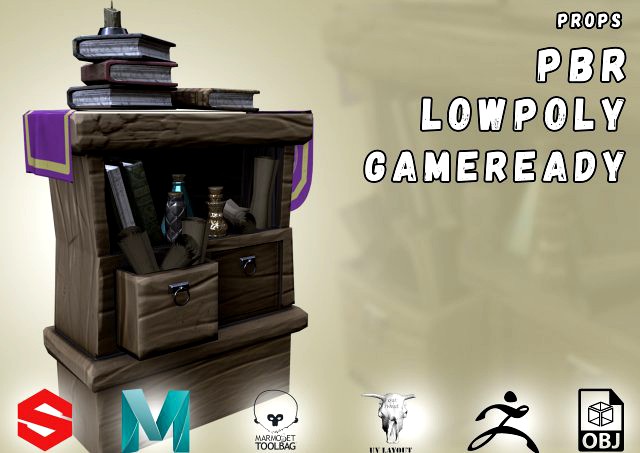 stylized medieval wide cupboard with items gameready