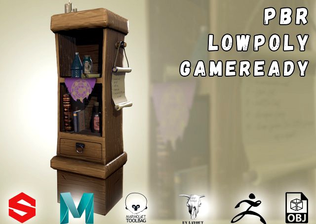 stylized medieval cupboard with items gameready