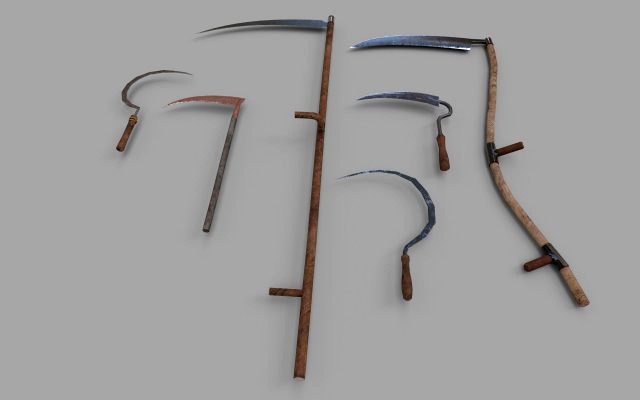 pack of 6 medieval farm scythe and sickles