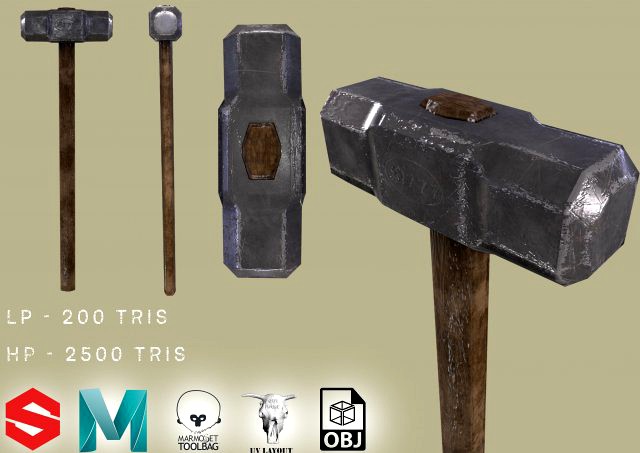 wood and steel construction hammer game ready low-poly