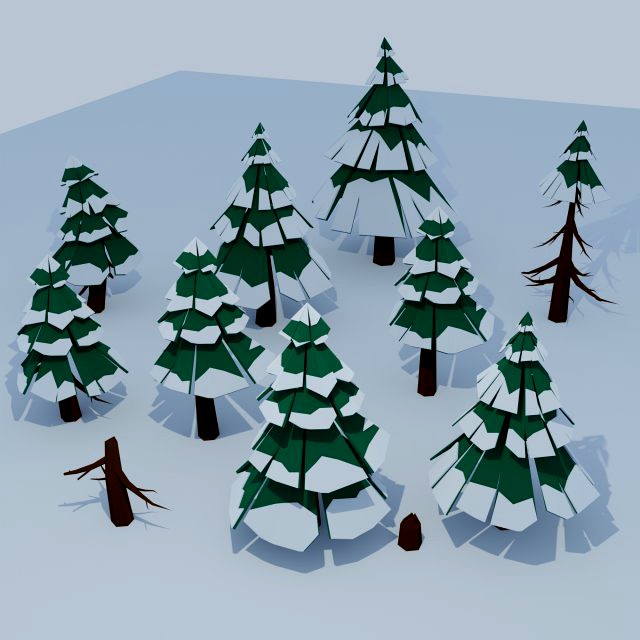 Set of 21 elements Low poly pine trees stones snow covered
