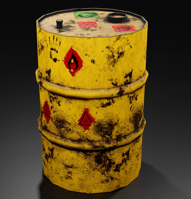 metal barrel with elements of dirt rust and stickers