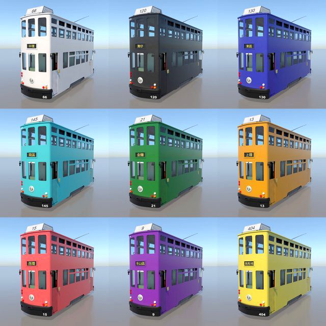 hong kong tram 9 different colors pbr