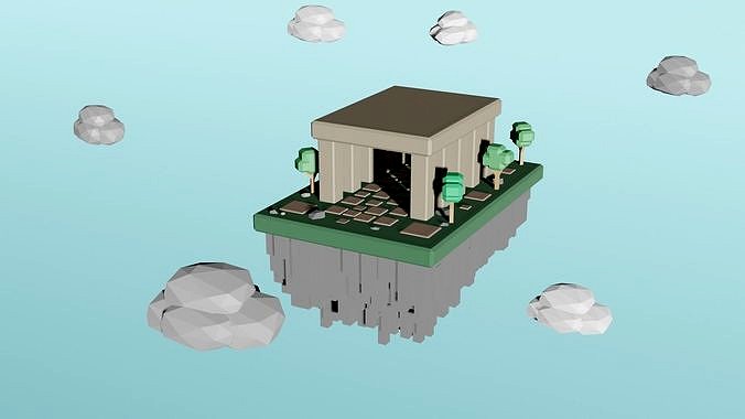 Floating Low Poly Cube Temple Island