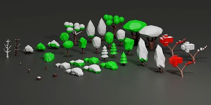 Low poly three - bush - stump game-ready model