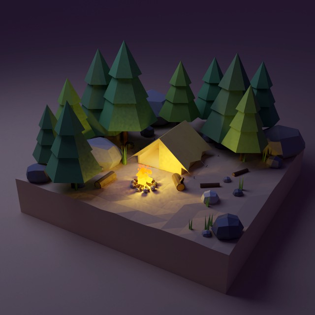 low poly campfire scene