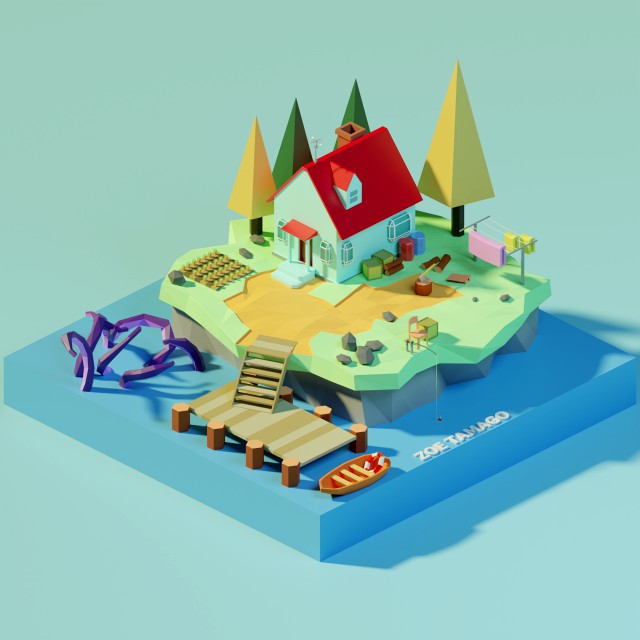 isometric low poly house on an island by zoe tamago