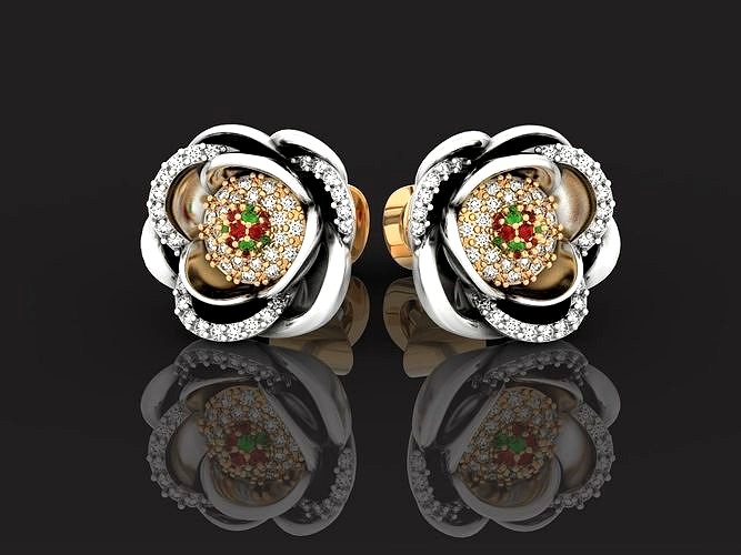 rose stud earrings with stones flower | 3D