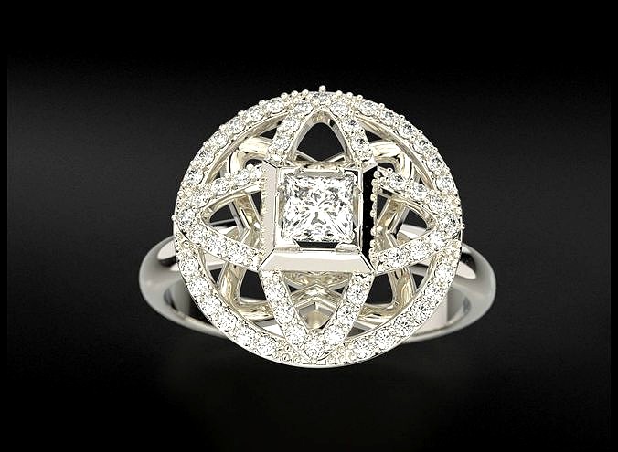 Stylish ring with diamonds and a princess 721 | 3D