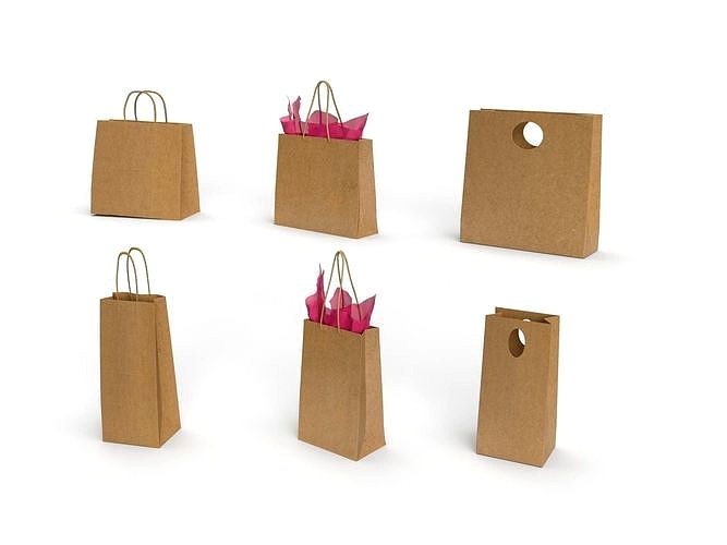 Set of 6 Different Kraft Paper Bags with PBR Textures