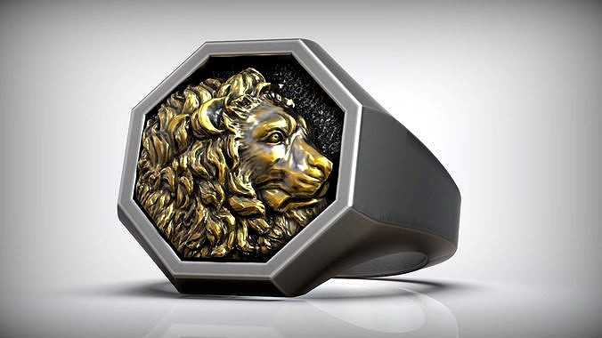 Lion Signet Ring Octagon Shape Gold Inlay | 3D