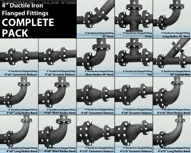 Pipes Pack 4 Ductile Iron Flanged Fittings 3D Model