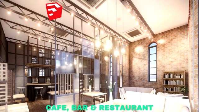 intimate cafe bar restaurant scene sketchup - low poly