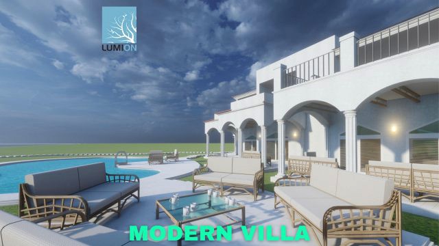 modern villa with private pool on beachfront scene lumion - low poly