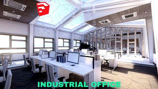 industrial office on attic with skylights scene sketchup - low poly