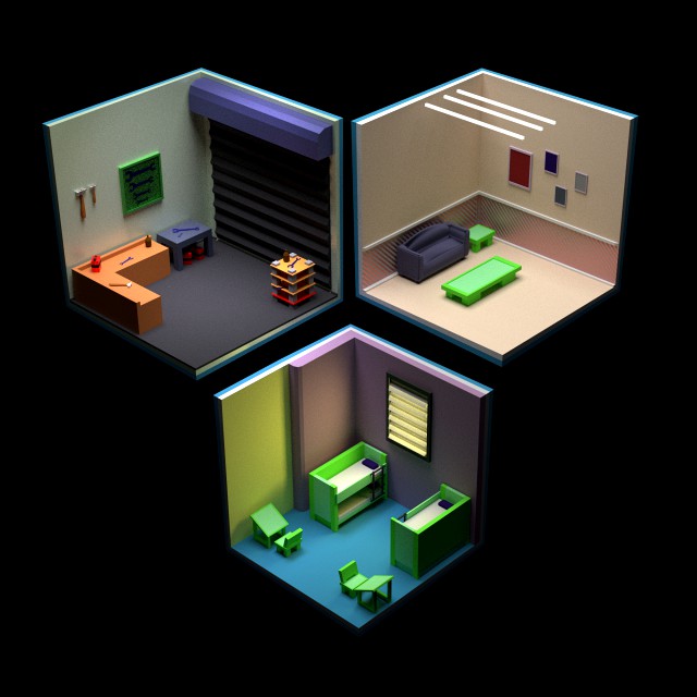 rooms in isometric city low-poly
