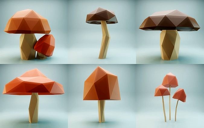 Low poly set of mushrooms in cartoon style